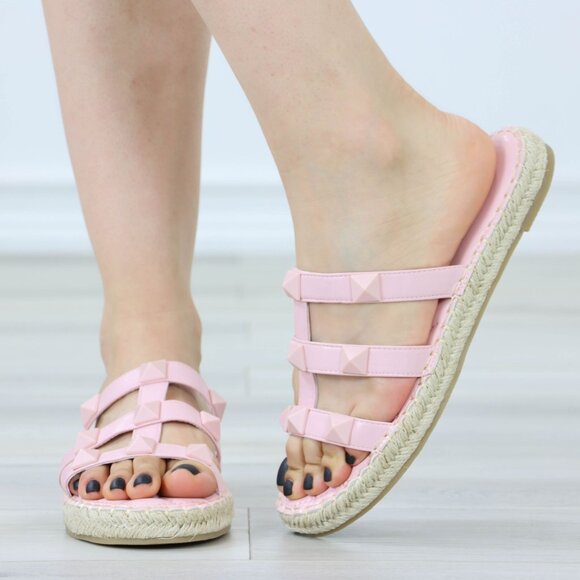 Light Pink Studded Espadrille Sandals Strappy Gladiator Style Casual Shoe - Picture 13 of 15